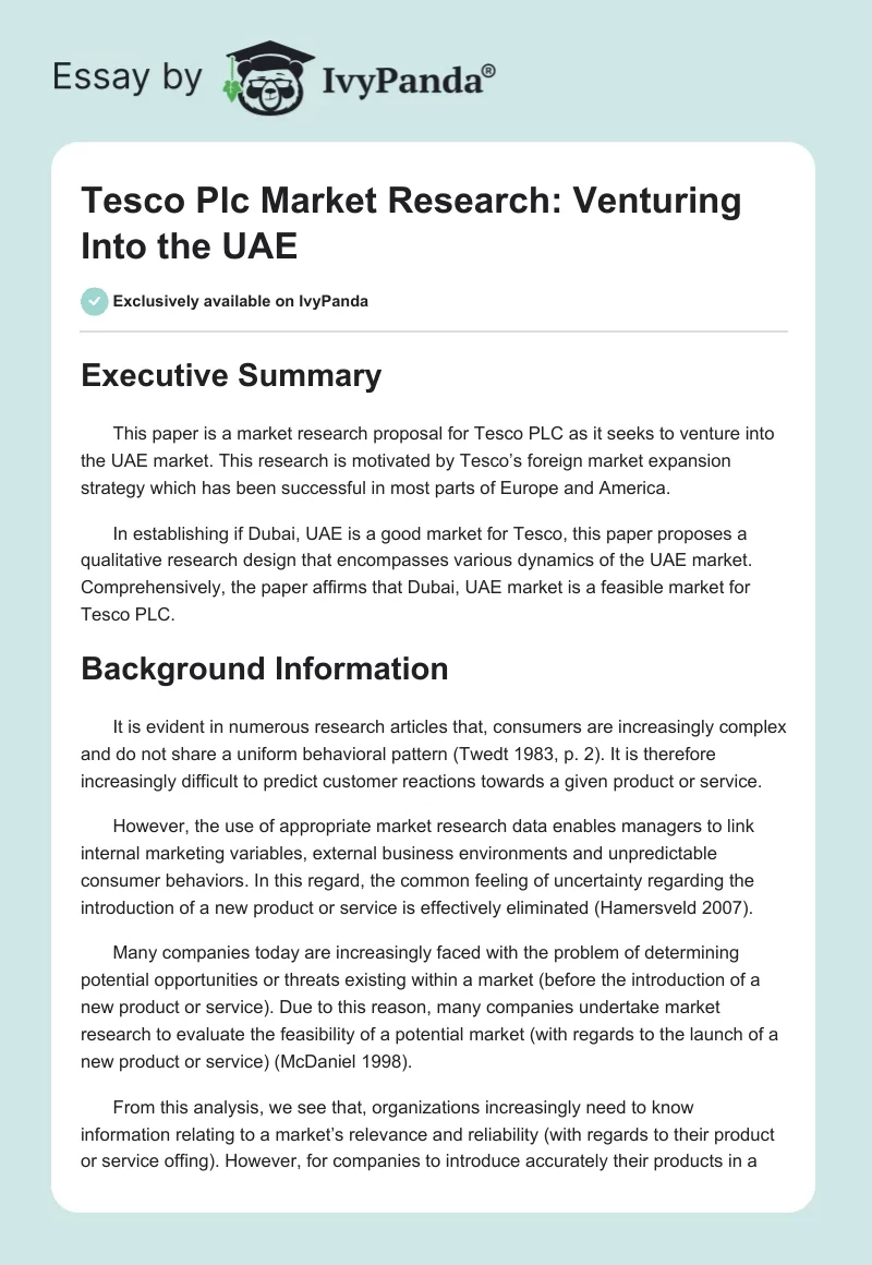 Tesco Plc Market Research: Venturing Into the UAE. Page 1
