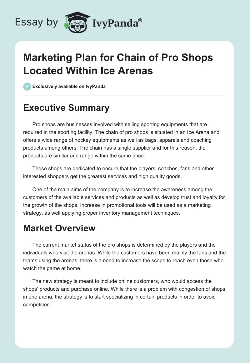 Marketing Plan for Chain of Pro Shops Located Within Ice Arenas. Page 1