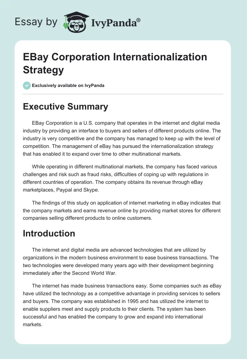 EBay Corporation Internationalization Strategy. Page 1