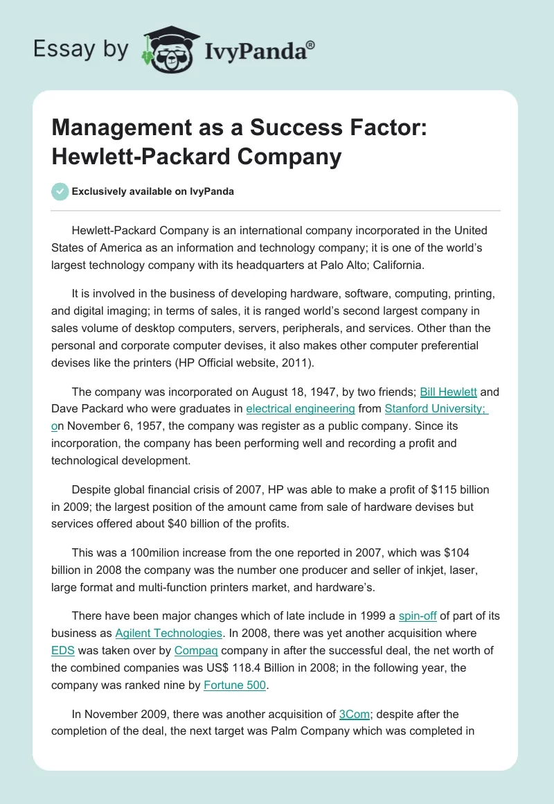Management as a Success Factor: Hewlett-Packard Case Study Example. Page 1