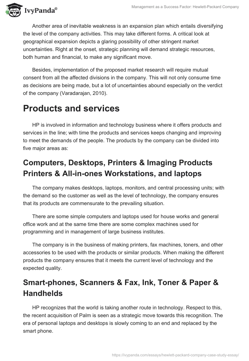 Management as a Success Factor: Hewlett-Packard Case Study Example. Page 3