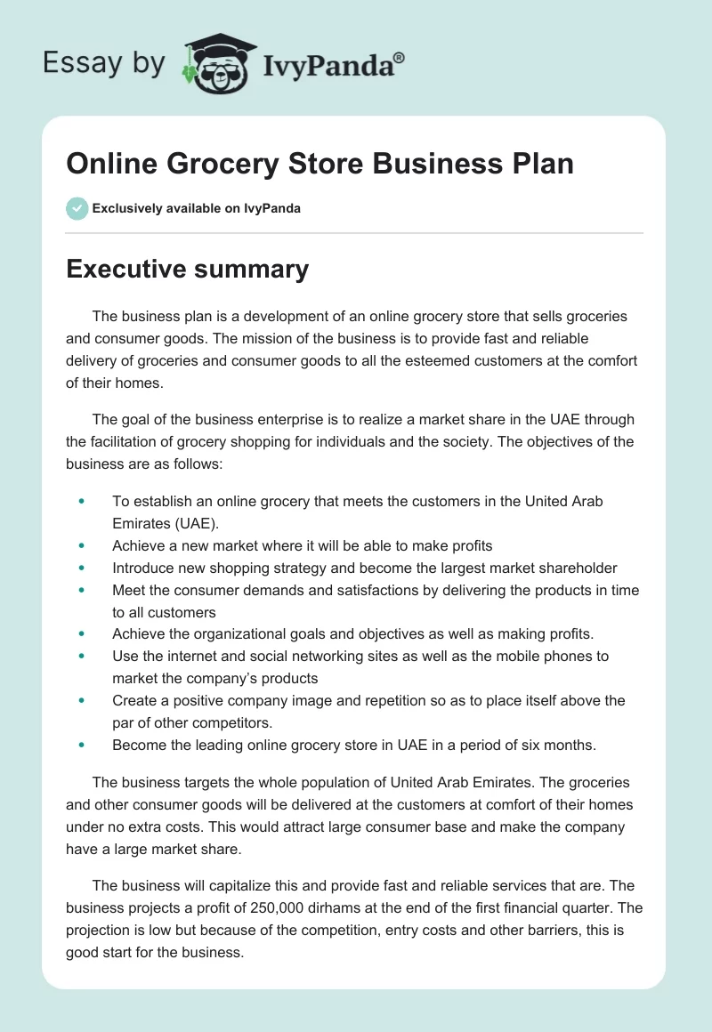 Online Grocery Store Business Plan. Page 1