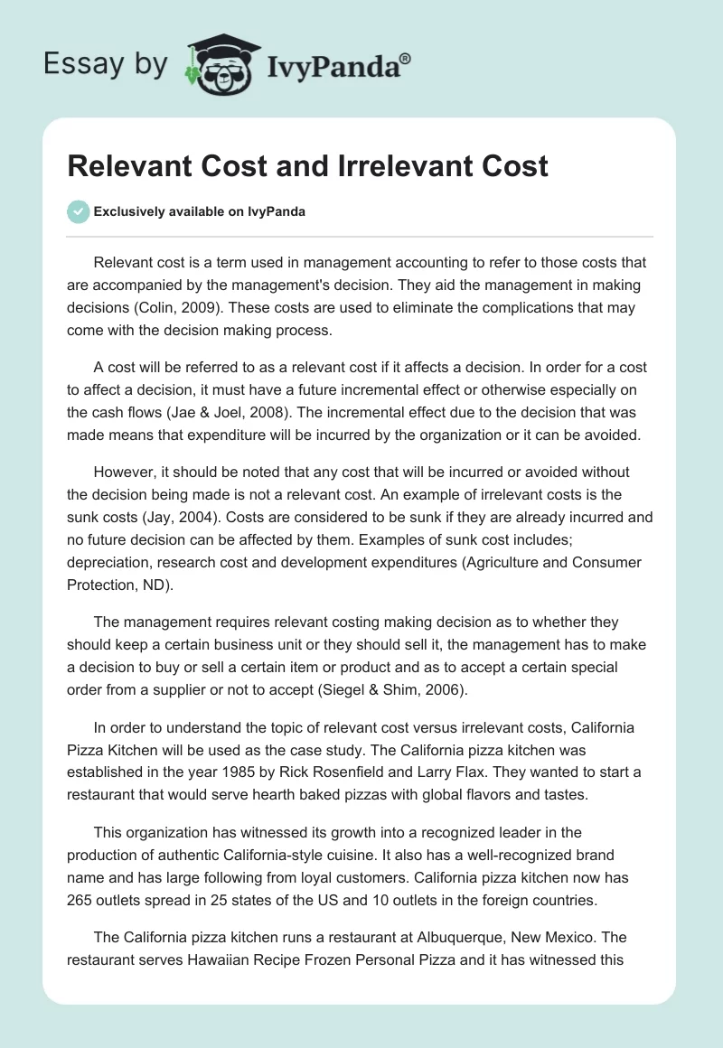 Relevant Cost and Irrelevant Cost. Page 1
