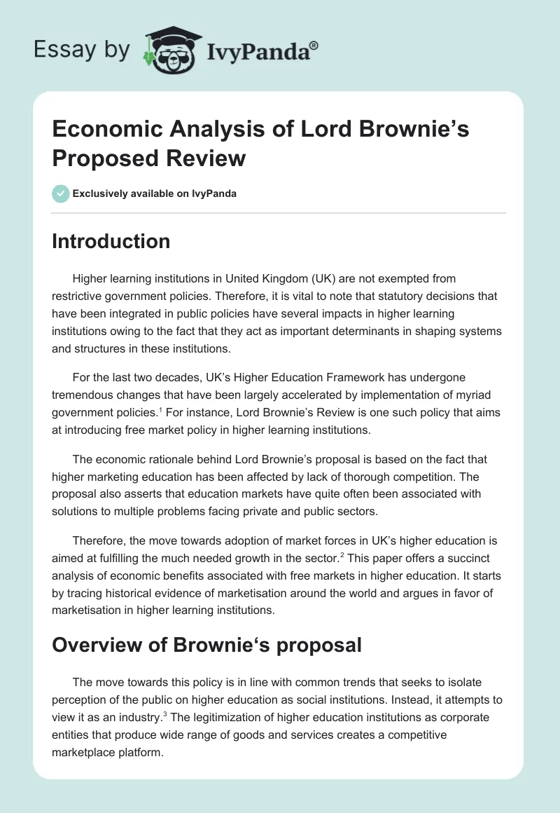 Economic Analysis of Lord Brownie’s Proposed Review. Page 1