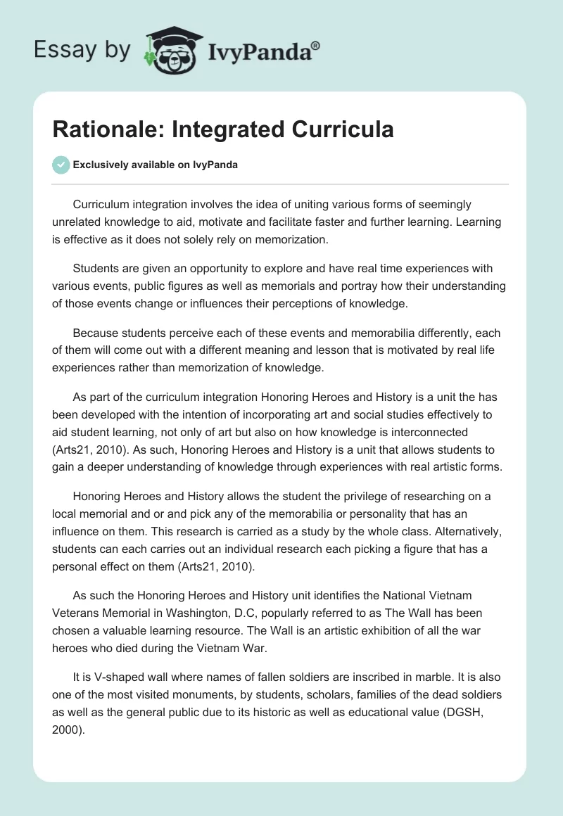 Rationale: Integrated Curricula. Page 1