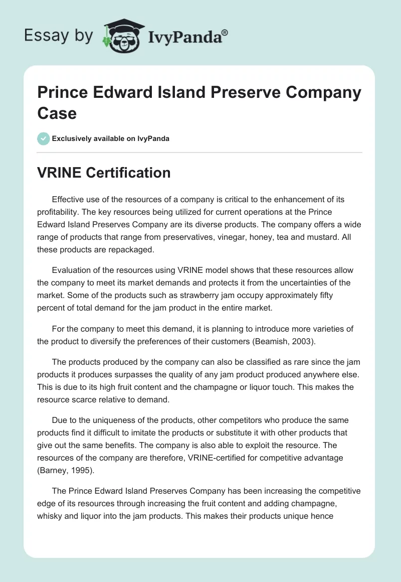 Prince Edward Island Preserve Company Case. Page 1