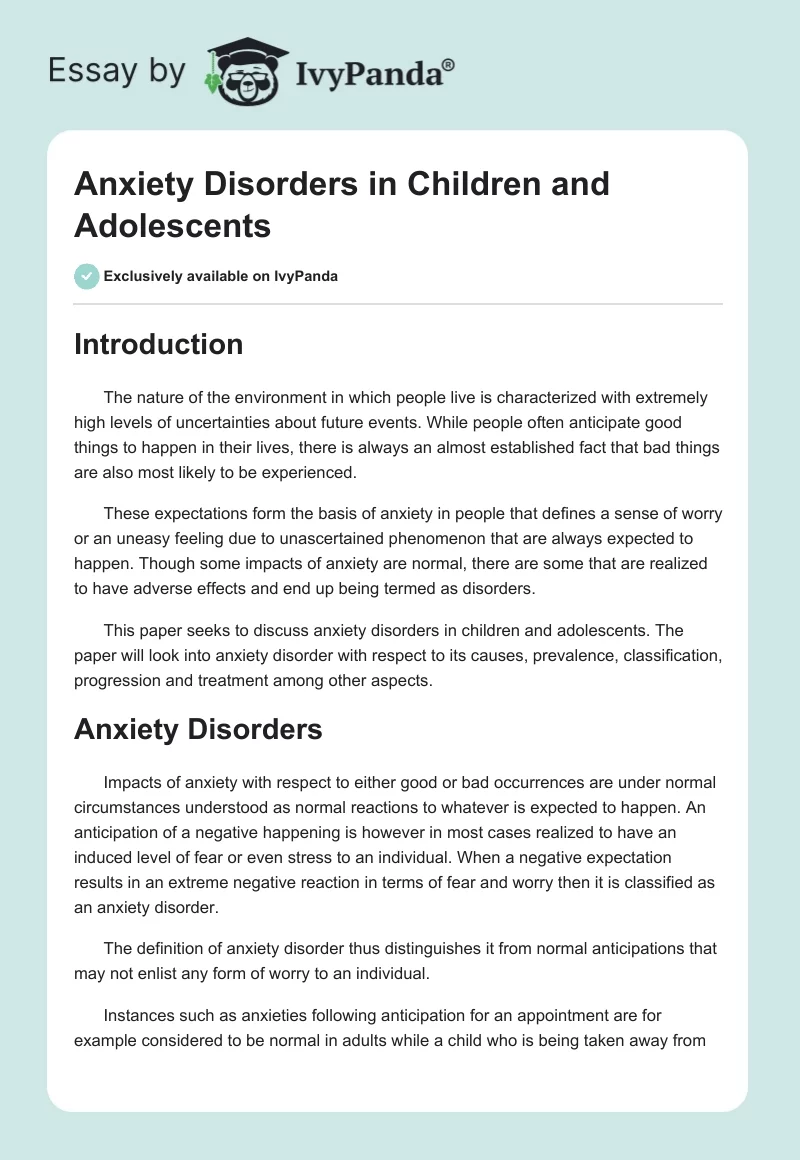 Anxiety Disorders in Children and Adolescents. Page 1