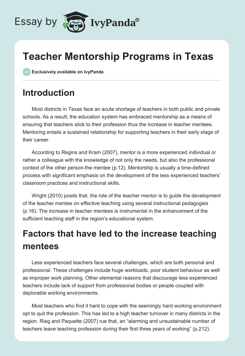 Teacher Mentorship Programs in Texas. Page 1