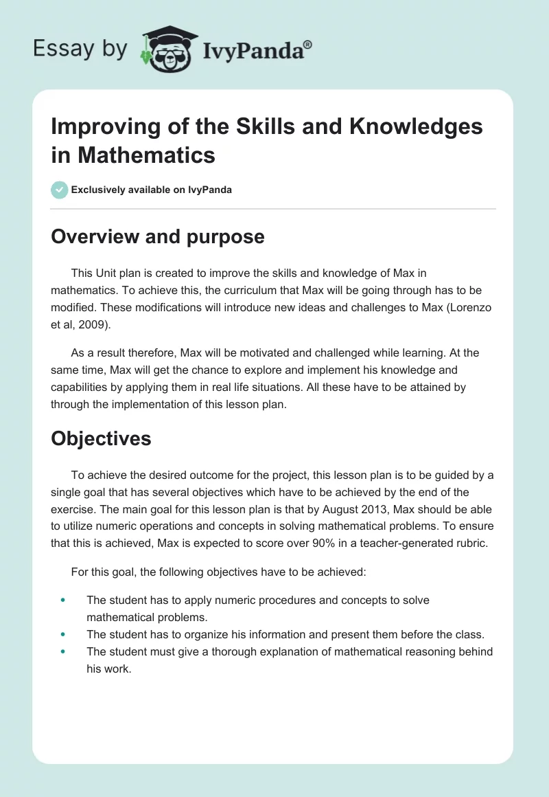 Improving of the Skills and Knowledges in Mathematics. Page 1