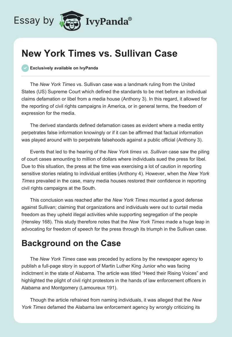 New York Times vs. Sullivan Case. Page 1
