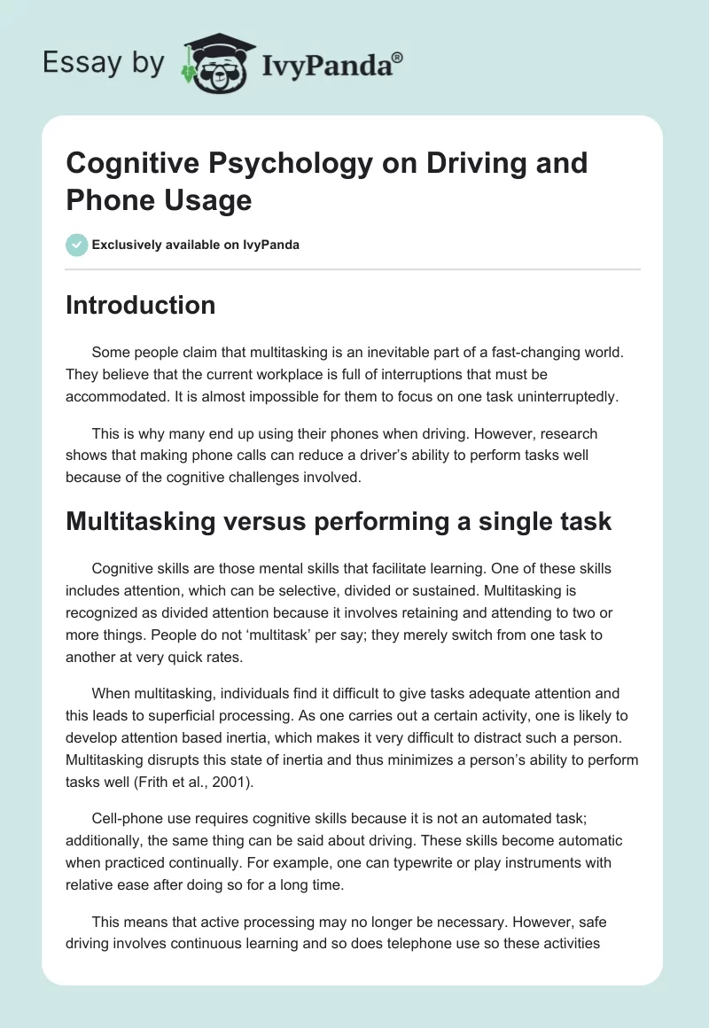 Cognitive Psychology on Driving and Phone Usage. Page 1