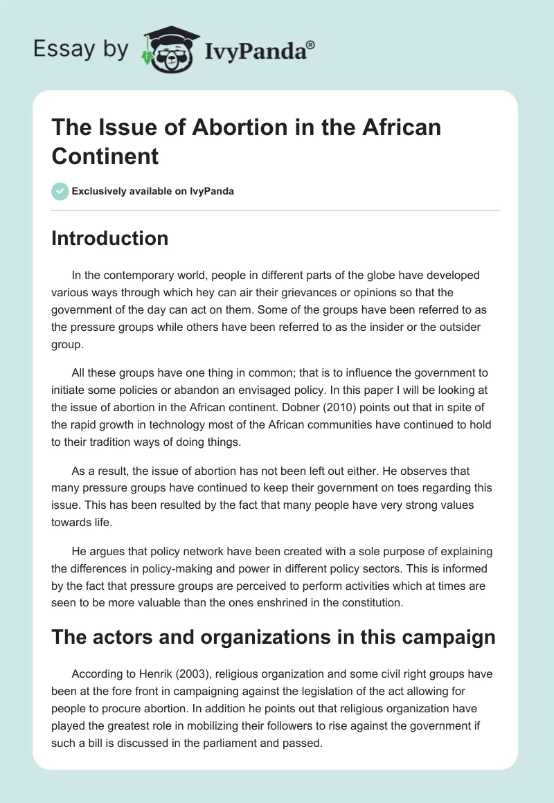 The Issue of Abortion in the African Continent. Page 1