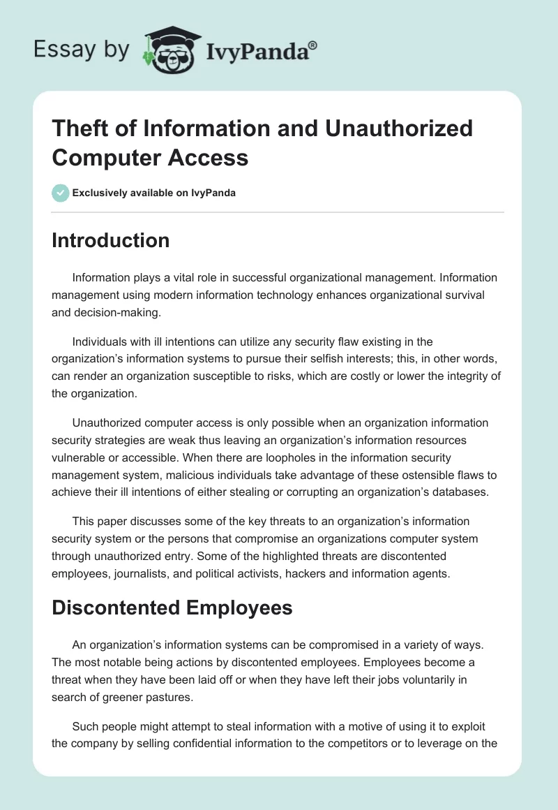 Theft of Information and Unauthorized Computer Access. Page 1