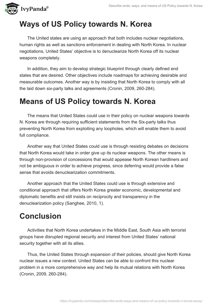 Describe ends, ways, and means of US Policy towards N. Korea. Page 2