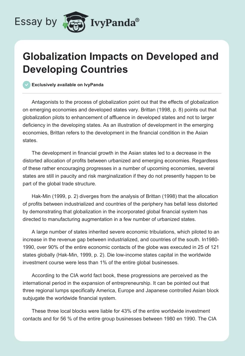 Globalization Impacts on Developed and Developing Countries. Page 1