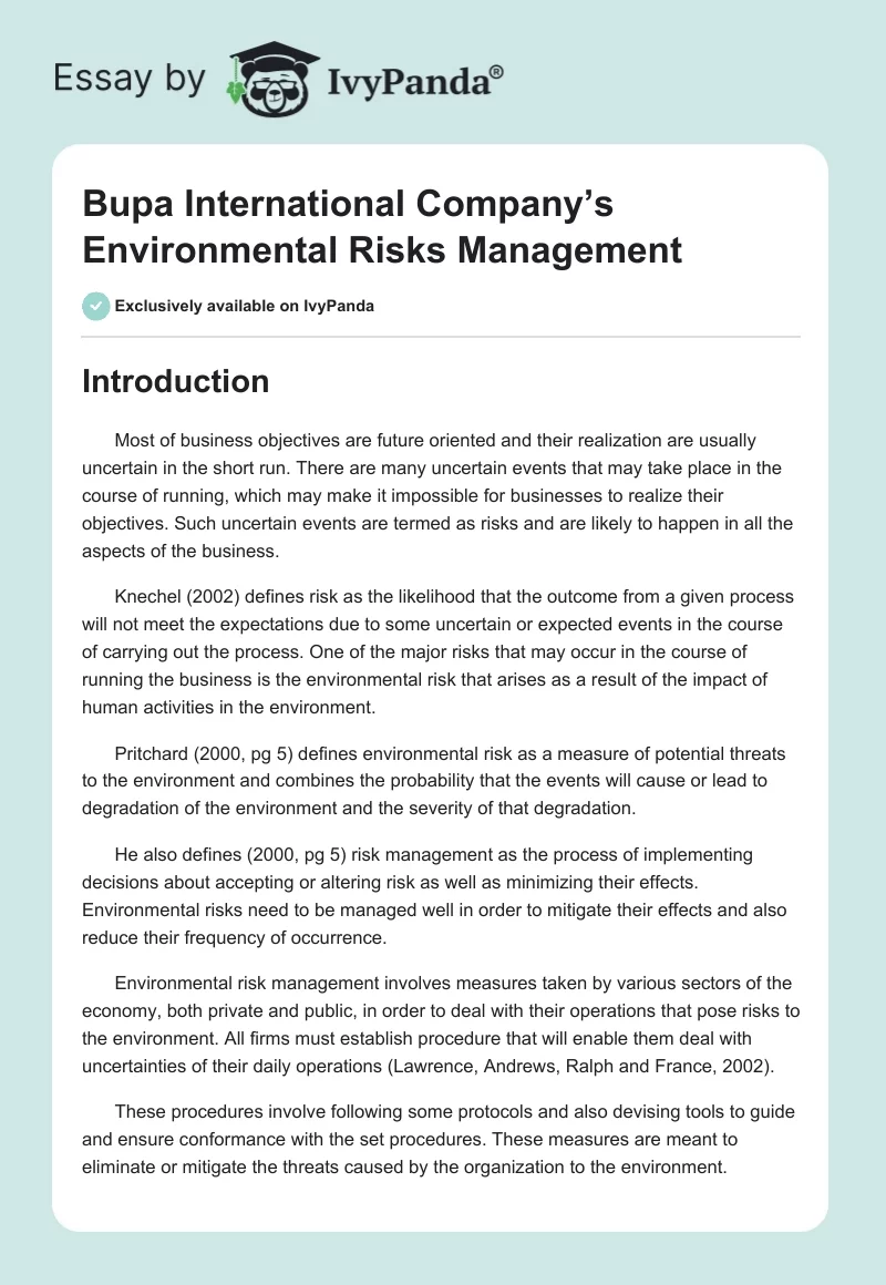 Bupa International Company’s Environmental Risks Management. Page 1