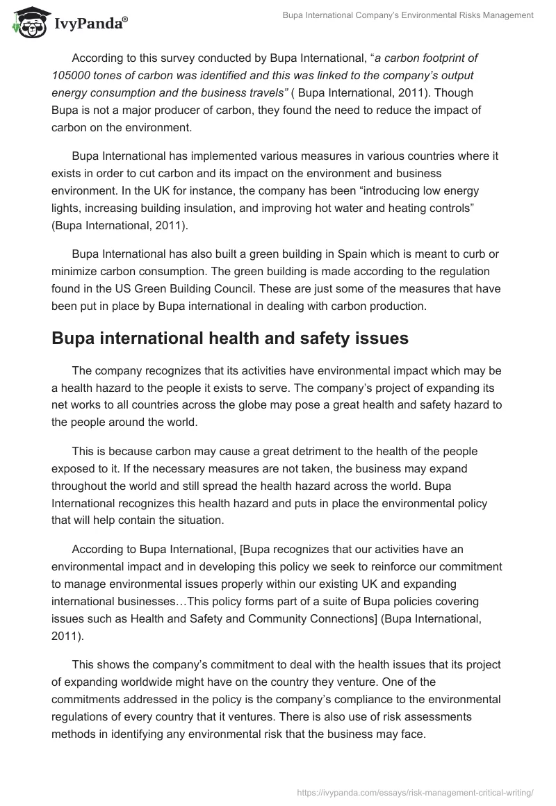 Bupa International Company’s Environmental Risks Management. Page 3
