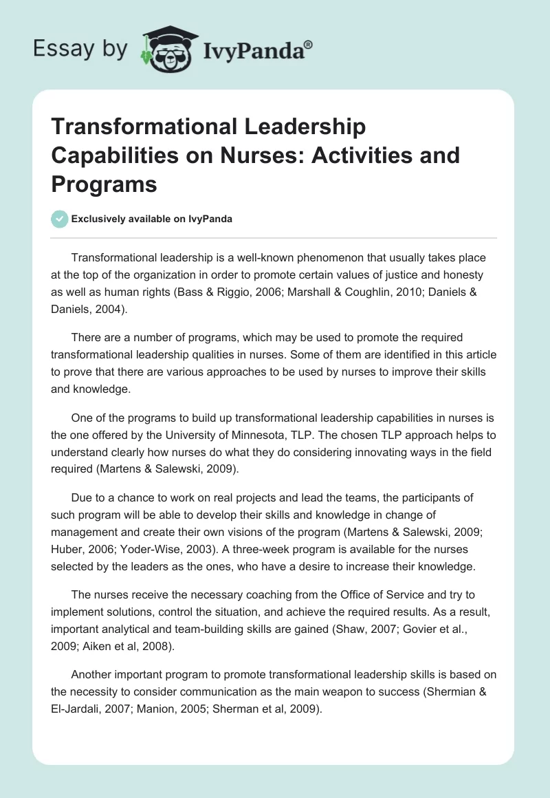 Transformational Leadership Capabilities on Nurses: Activities and Programs. Page 1