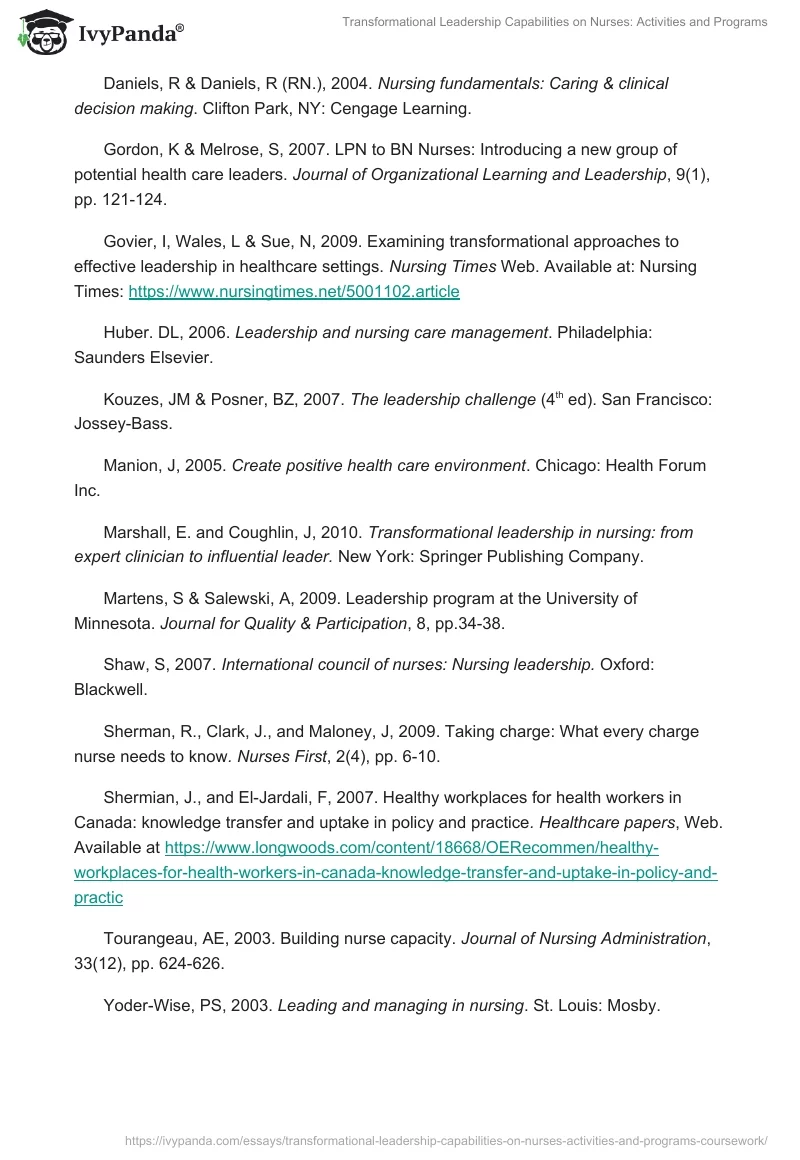 Transformational Leadership Capabilities on Nurses: Activities and Programs. Page 3