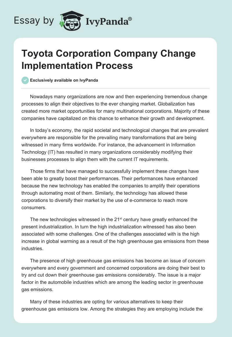 Toyota Corporation Company Change Implementation Process. Page 1