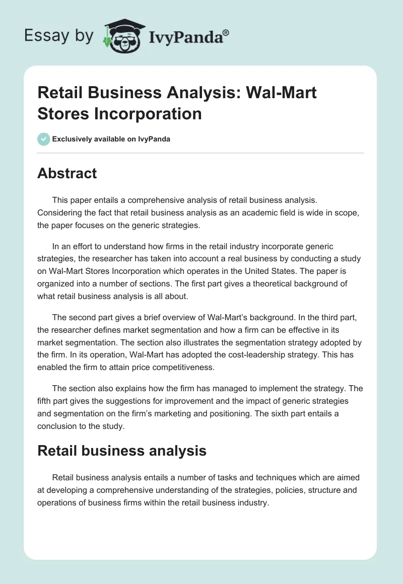 Retail Business Analysis: Wal-Mart Stores Incorporation. Page 1