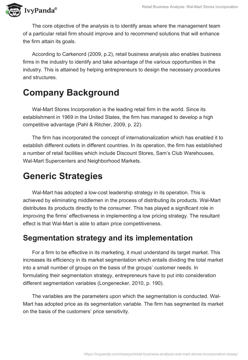 Retail Business Analysis: Wal-Mart Stores Incorporation. Page 2
