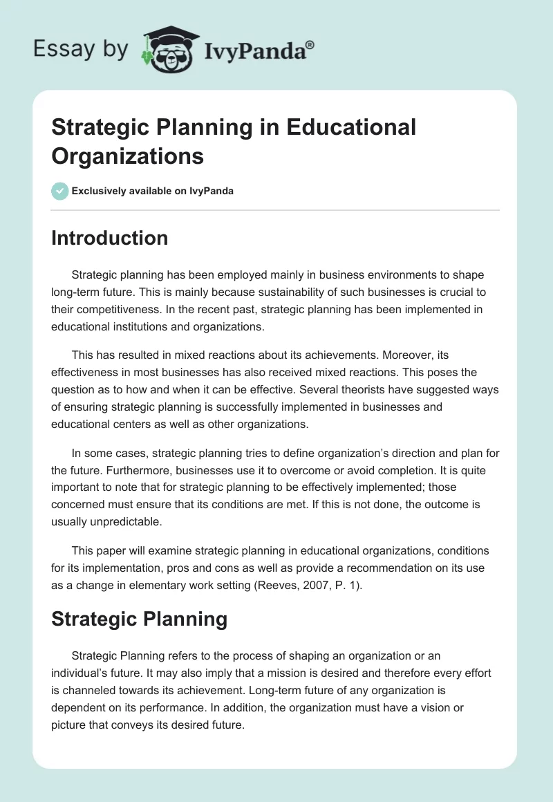 Strategic Planning in Educational Organizations. Page 1