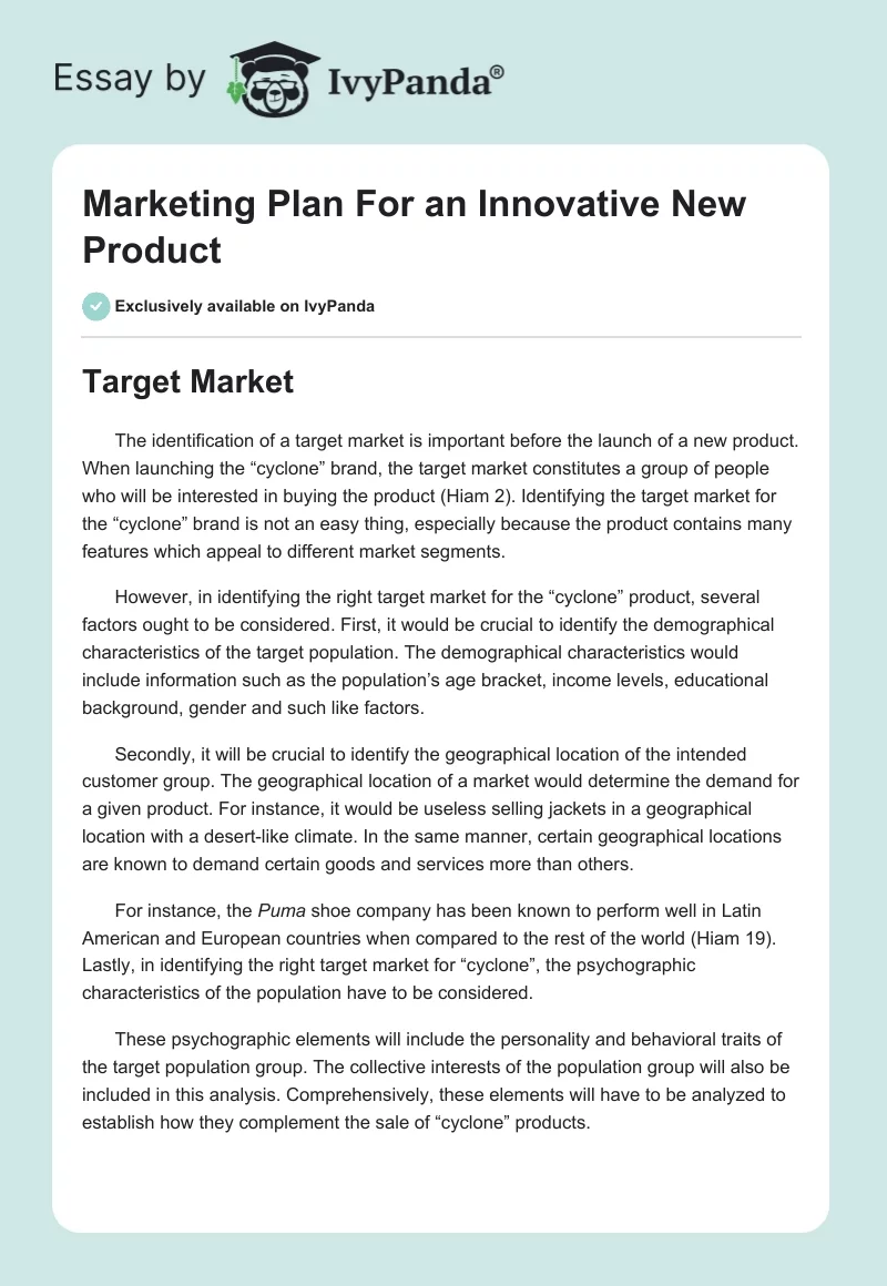 Marketing Plan For an Innovative New Product. Page 1