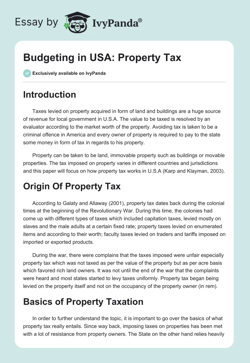 Budgeting in USA: Property Tax. Page 1