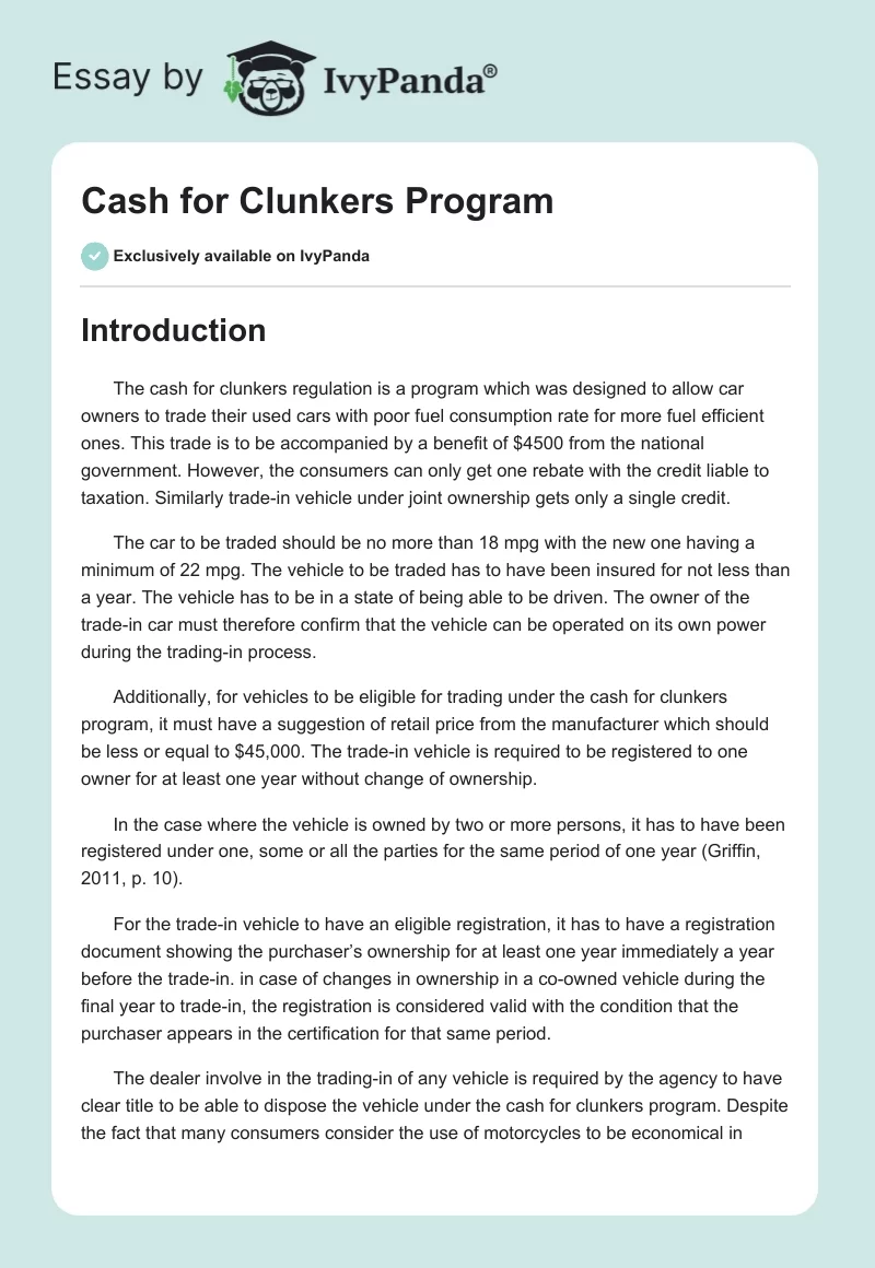 Cash for Clunkers Program. Page 1