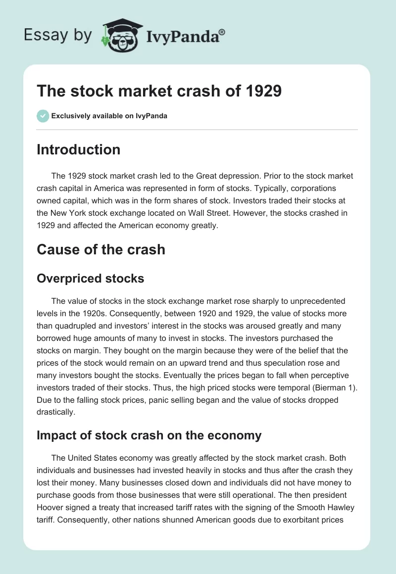 The stock market crash of 1929. Page 1