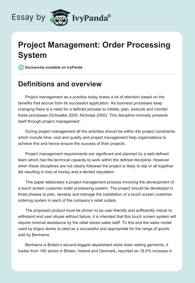 Project Management: Order Processing System. Page 1
