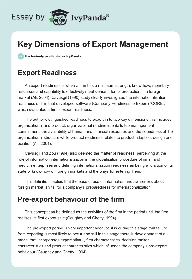 Key Dimensions of Export Management. Page 1