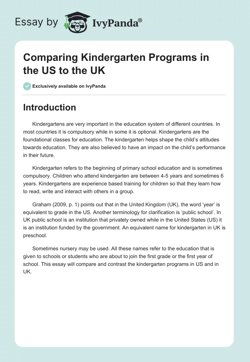 Comparing Kindergarten Programs in the US to the UK. Page 1
