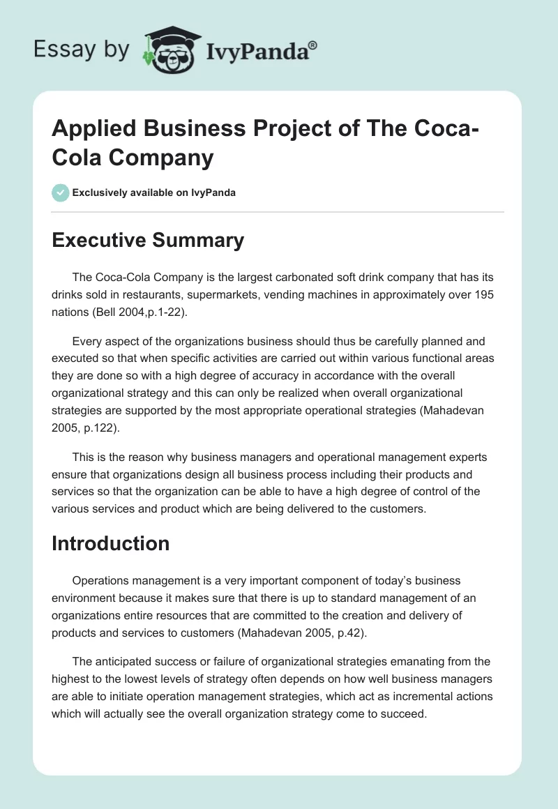 Applied Business Project of The Coca-Cola Company. Page 1