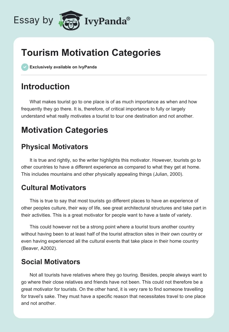 Tourism Motivation Categories. Page 1