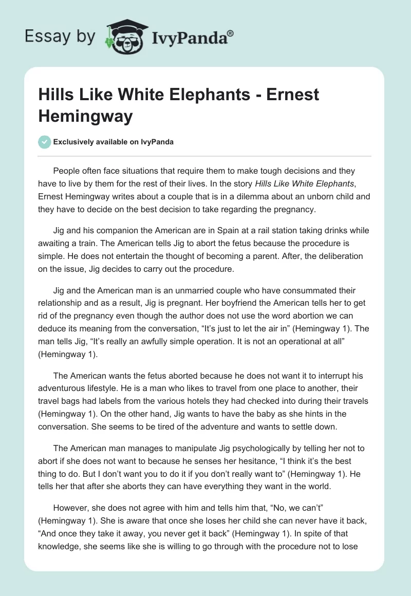 Hills Like White Elephants - Ernest Hemingway. Page 1