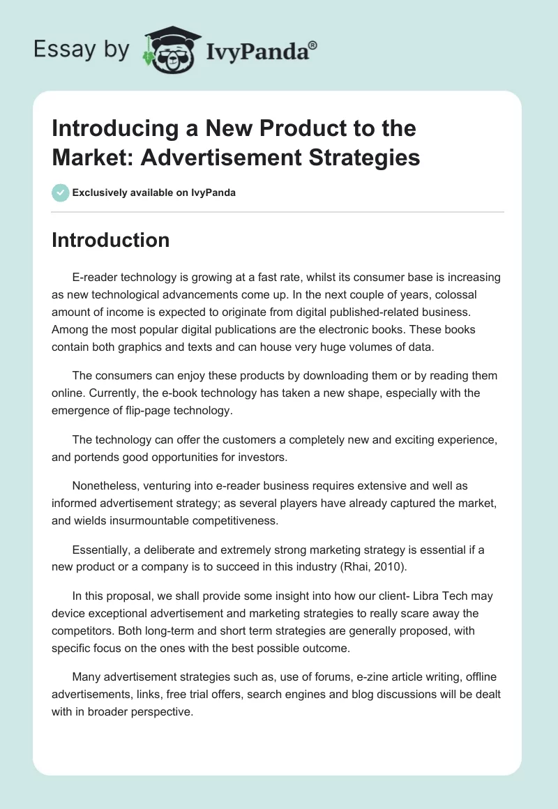 Introducing a New Product to the Market: Advertisement Strategies. Page 1