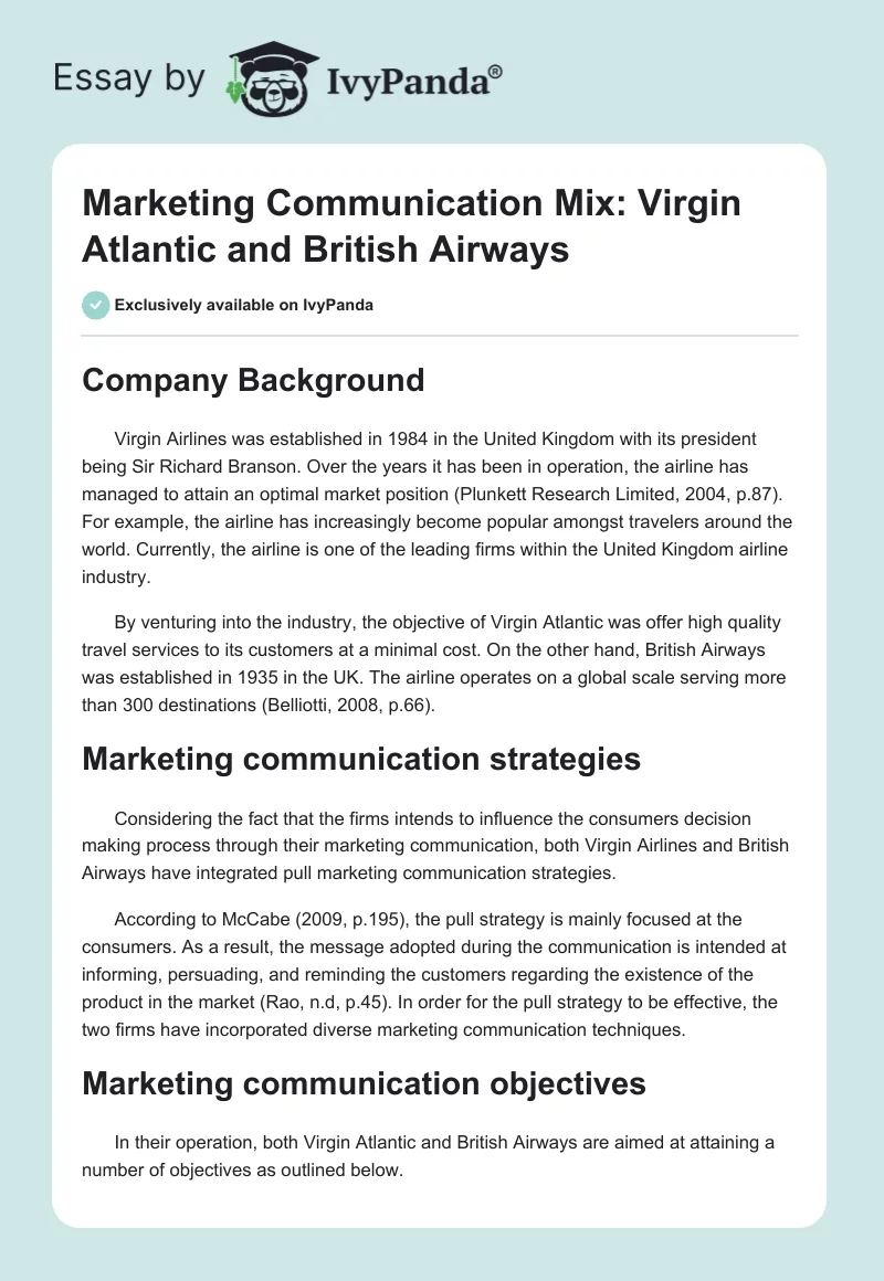 Marketing Communication Mix: Virgin Atlantic and British Airways. Page 1