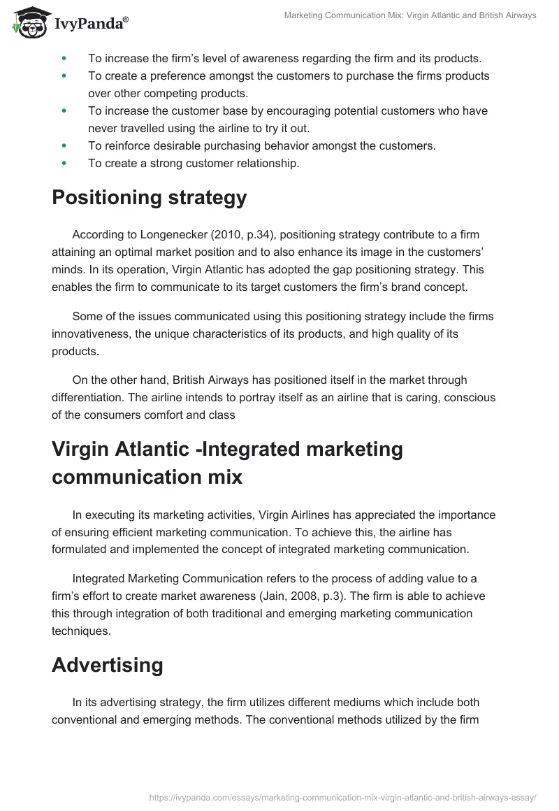 Marketing Communication Mix: Virgin Atlantic and British Airways. Page 2