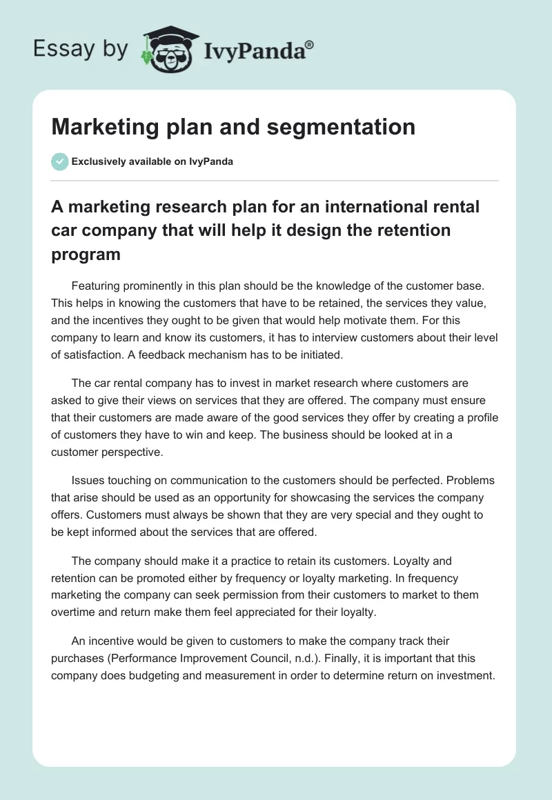 Marketing plan and segmentation. Page 1