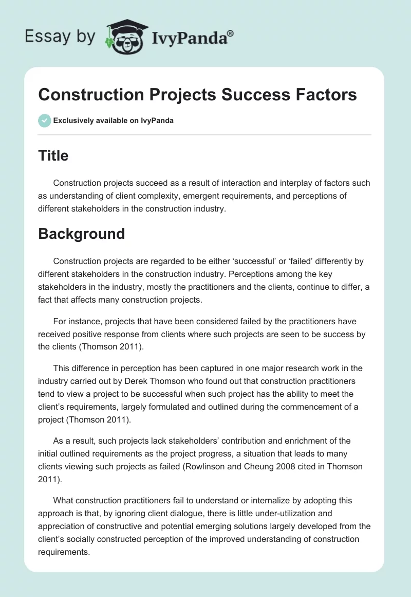 Construction Projects Success Factors. Page 1