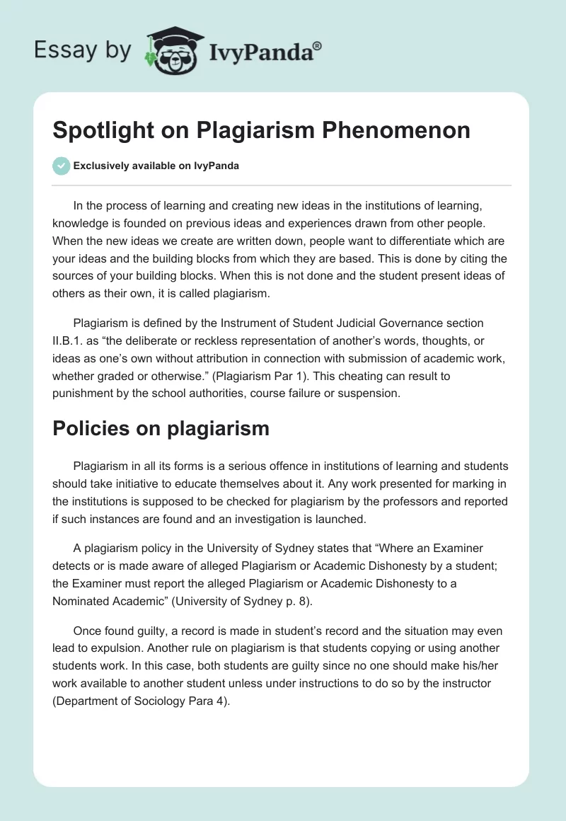 Spotlight on Plagiarism Phenomenon. Page 1