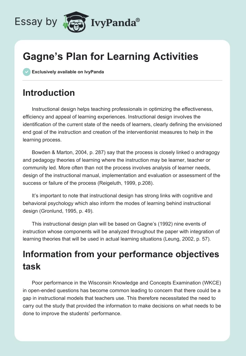 Gagne’s Plan for Learning Activities. Page 1