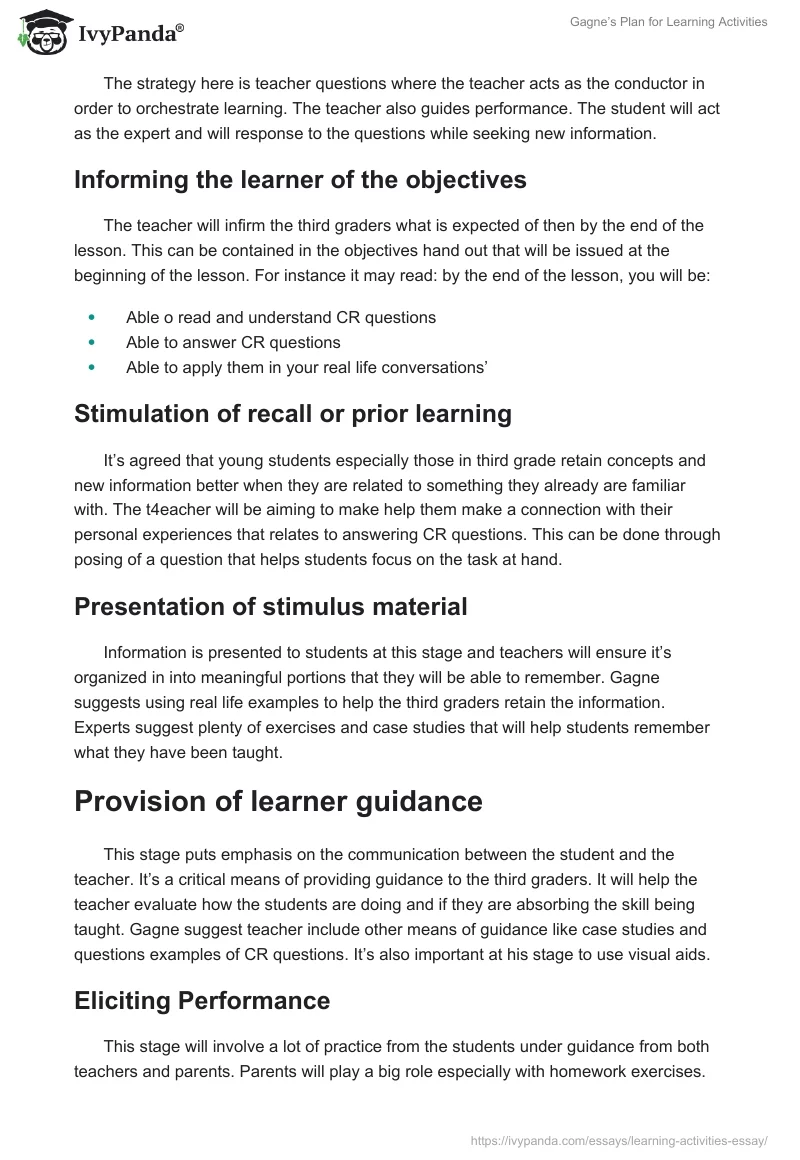 Gagne’s Plan for Learning Activities. Page 3