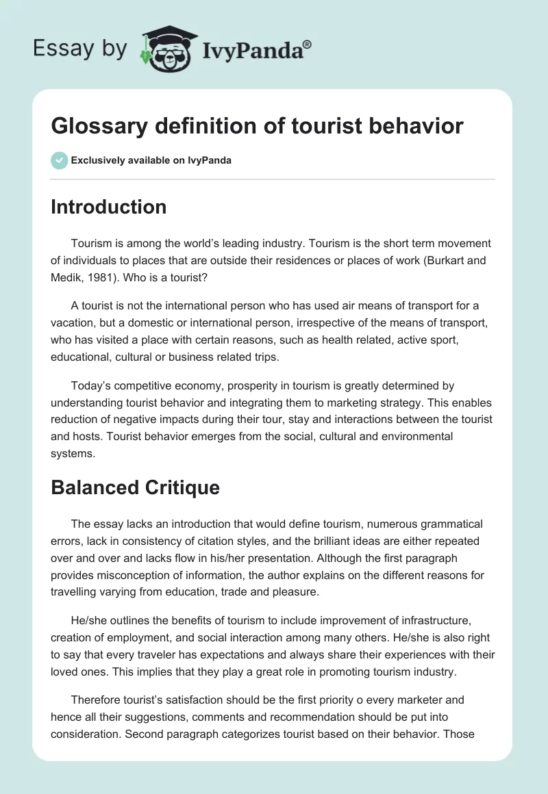 Glossary definition of tourist behavior. Page 1