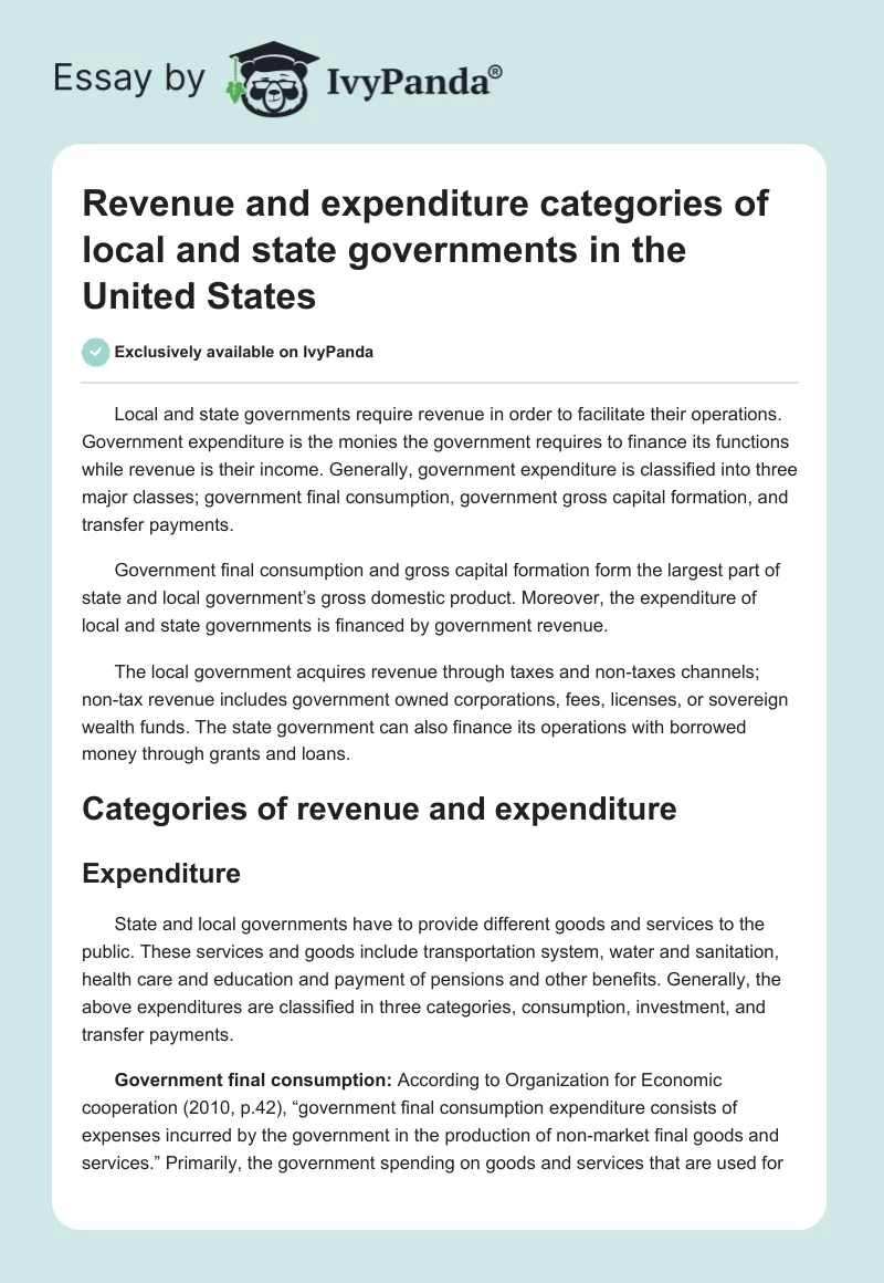 Revenue and expenditure categories of local and state governments in the United States. Page 1