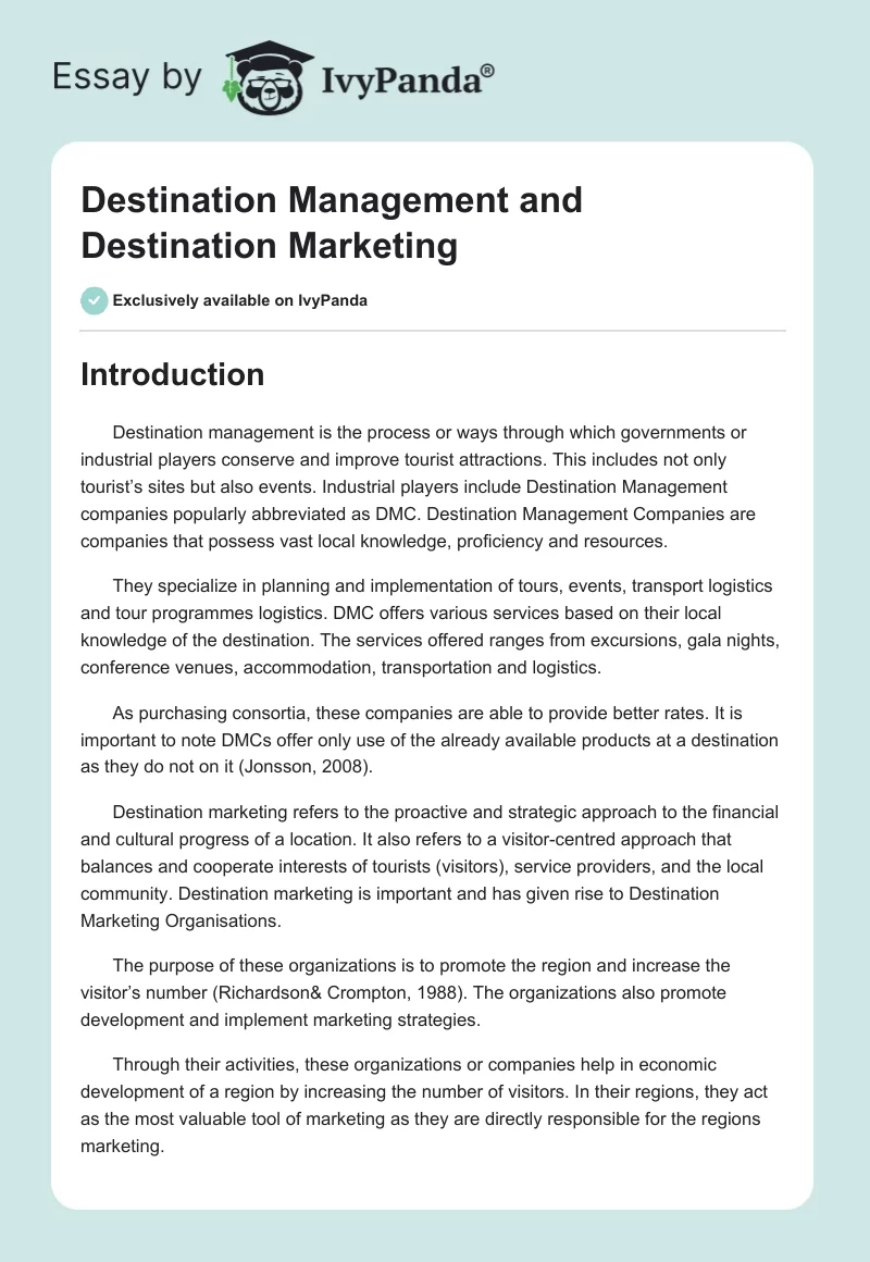 Destination Management and Destination Marketing. Page 1