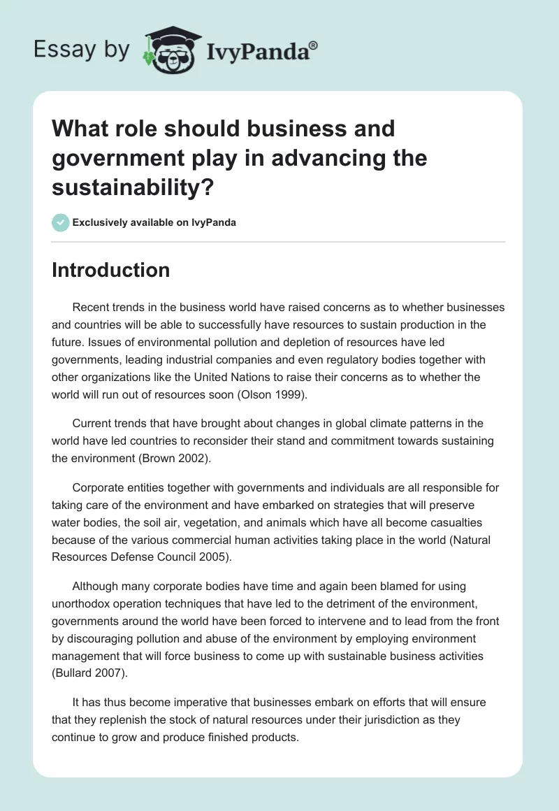 What role should business and government play in advancing the sustainability?. Page 1