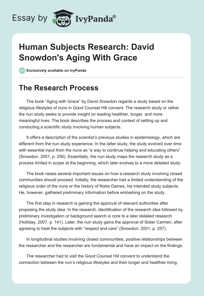 Human Subjects Research: David Snowdon's "Aging With Grace". Page 1